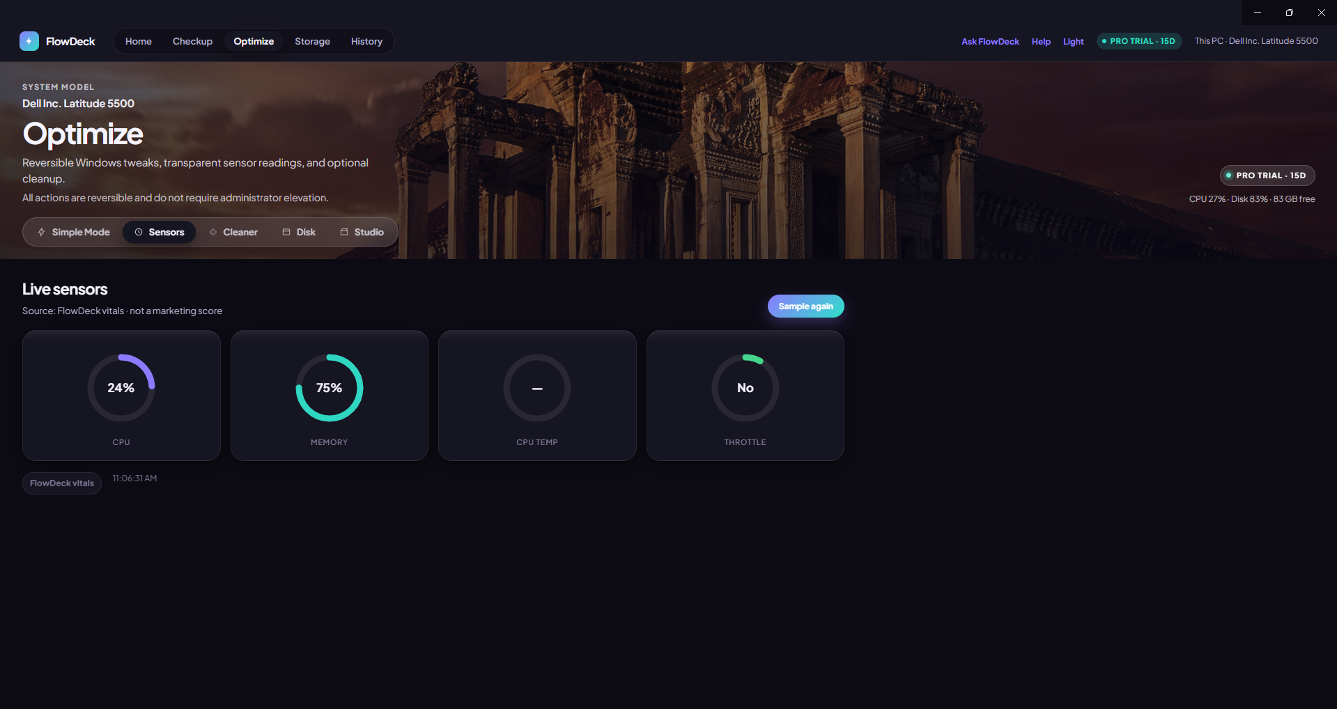 FlowDeck Live Sensors showing temperatures, clock speeds and VRAM with labelled sources