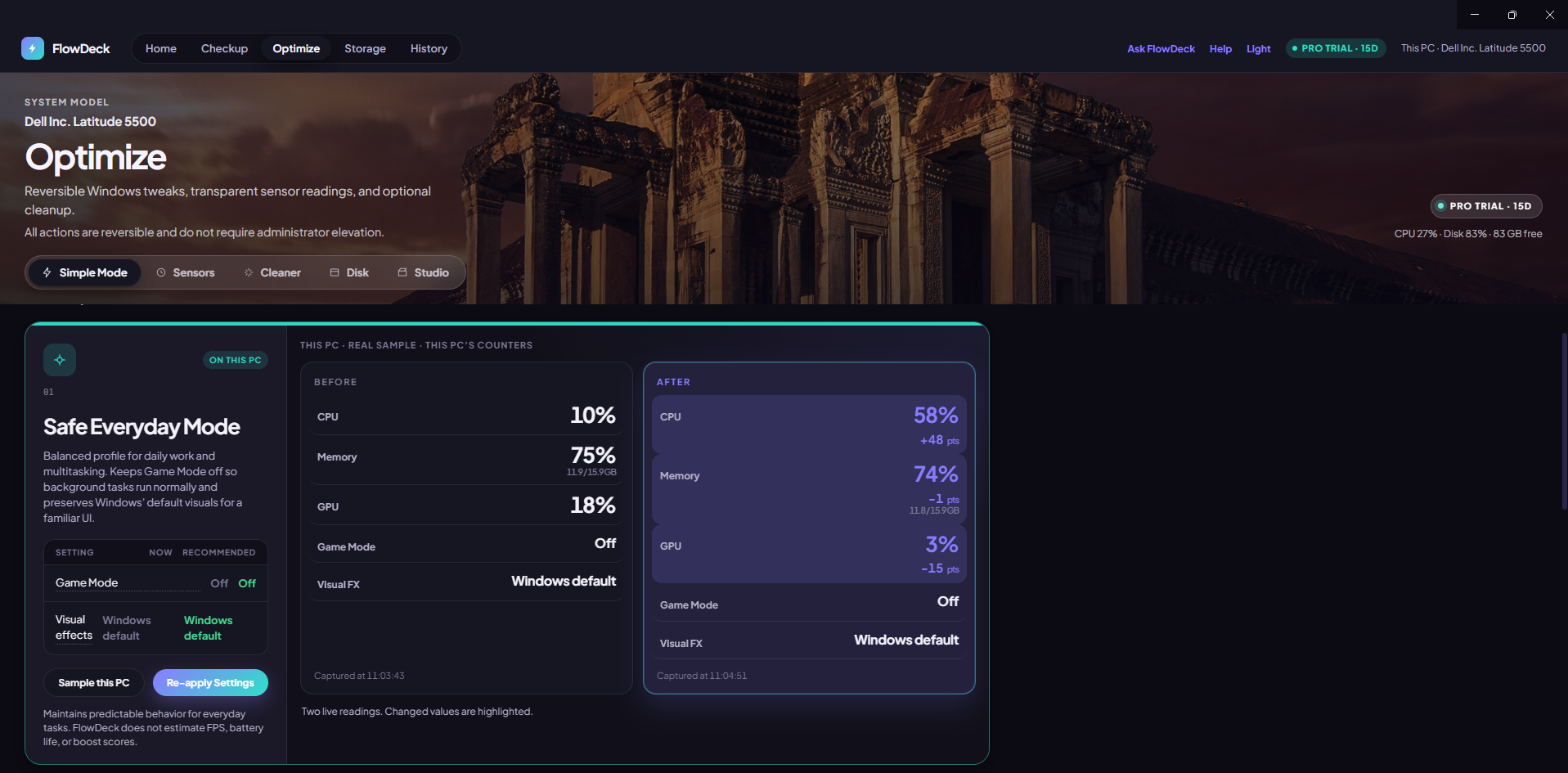 FlowDeck Optimize tab showing Safe Everyday, Gaming and Editing performance presets